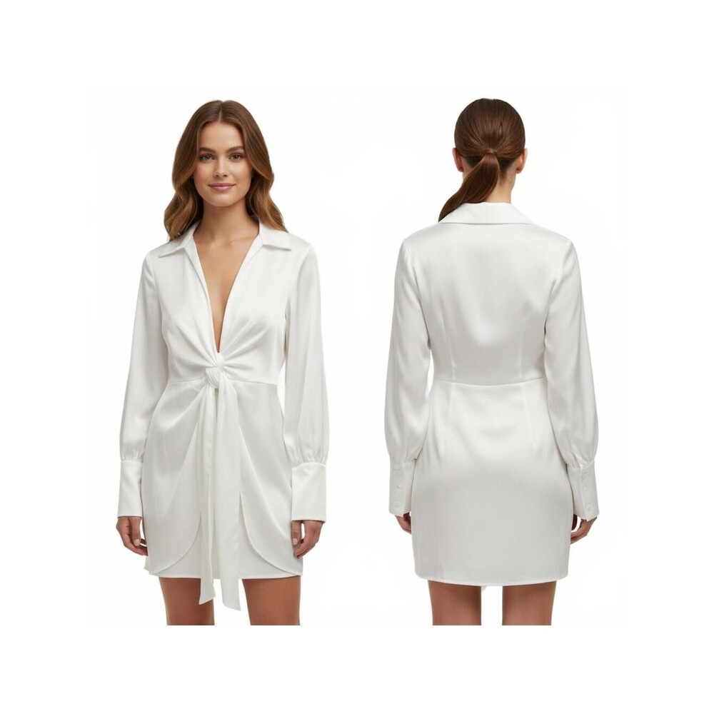 White Mini Dress Tie Front Long Sleeve Collared Shirt Dress